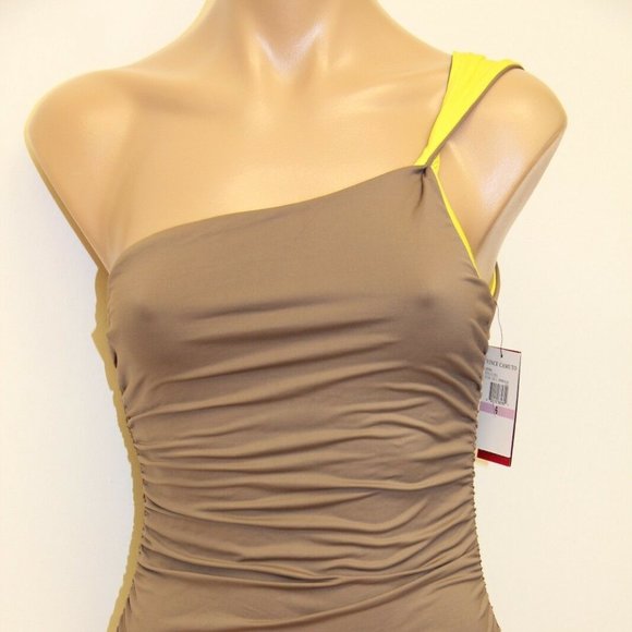 NWT Vince Camuto One Piece Swimsuit One shoulder Ruched Brown Sun - Picture 3 of 7